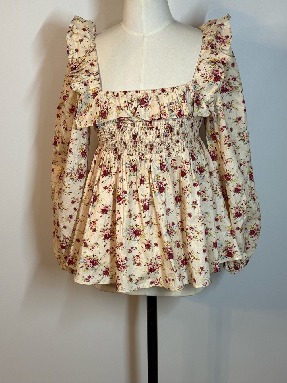 Addison Smocked Peasant Blouse in Cream with Pink Floral Print